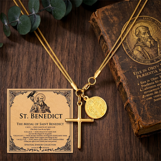 Close-up of the St Benedict protection medal showing the engraved detail