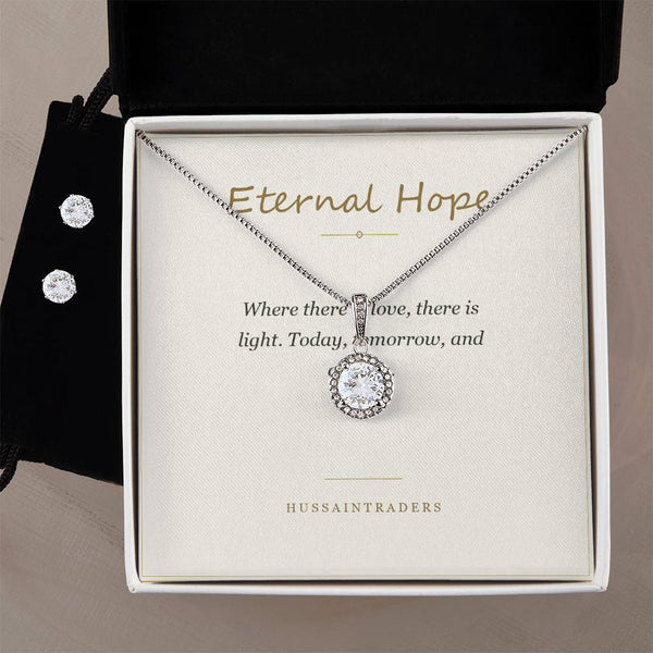 Eternal Hope Necklace & Earring Set in polished silver and 18k gold finish on white background, personalized jewelry by HussainTra