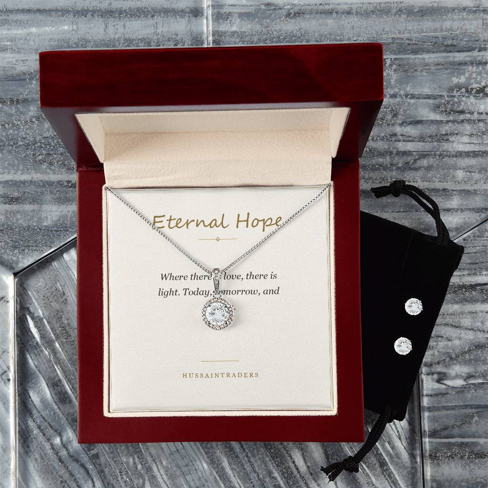 Eternal Hope set in the mahogany Luxury Box on a grey surface | Eternal Hope Necklace and Earring Set
