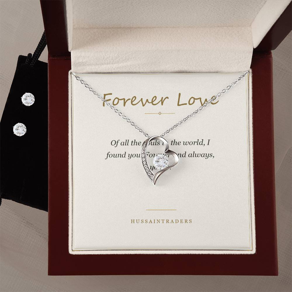 Forever Love set and card in the mahogany Luxury Box, angled view | Forever Love Necklace and Earring Set
