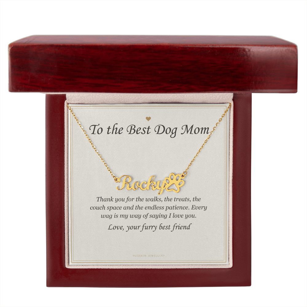 Gold finish paw print name pendant and card in the mahogany Luxury Box | Dog Mom Paw Print Name Necklace with Message Card