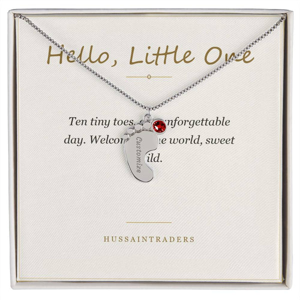Baby Feet Birthstone Necklace in polished silver and 18k gold finish on white background, personalized jewelry by HussainTraders