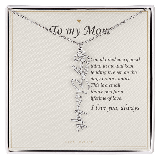Polished stainless steel birth flower name pendant on the To My Mom message card | Mom Birth Flower Name Necklace with Message Card