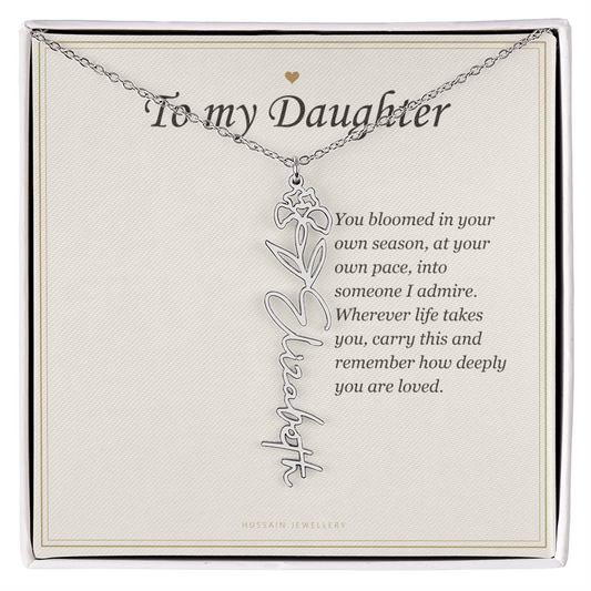 Polished stainless steel birth flower name pendant on the To My Daughter message card | Daughter Birth Flower Name Necklace with Message Card