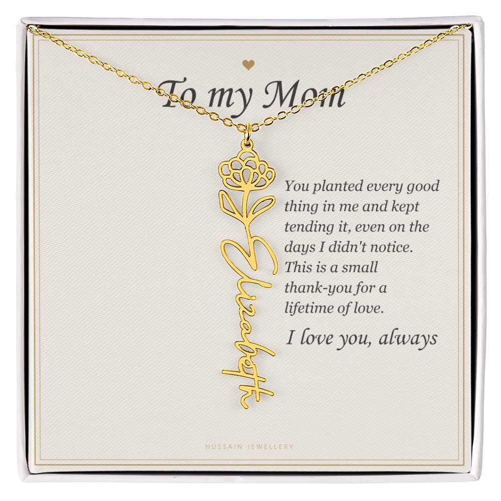 18k yellow gold finish birth flower name pendant on the To My Mom message card | Mom Birth Flower Name Necklace with Message Card