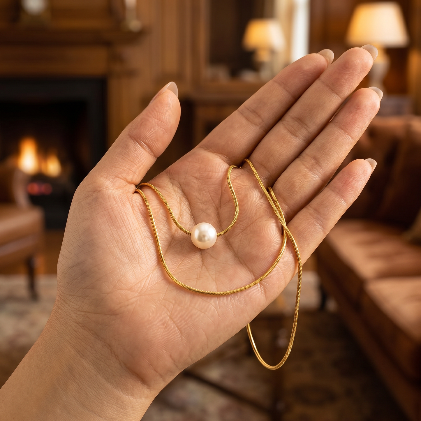 Boho Pearl Clavicle Necklace — in hand for scale