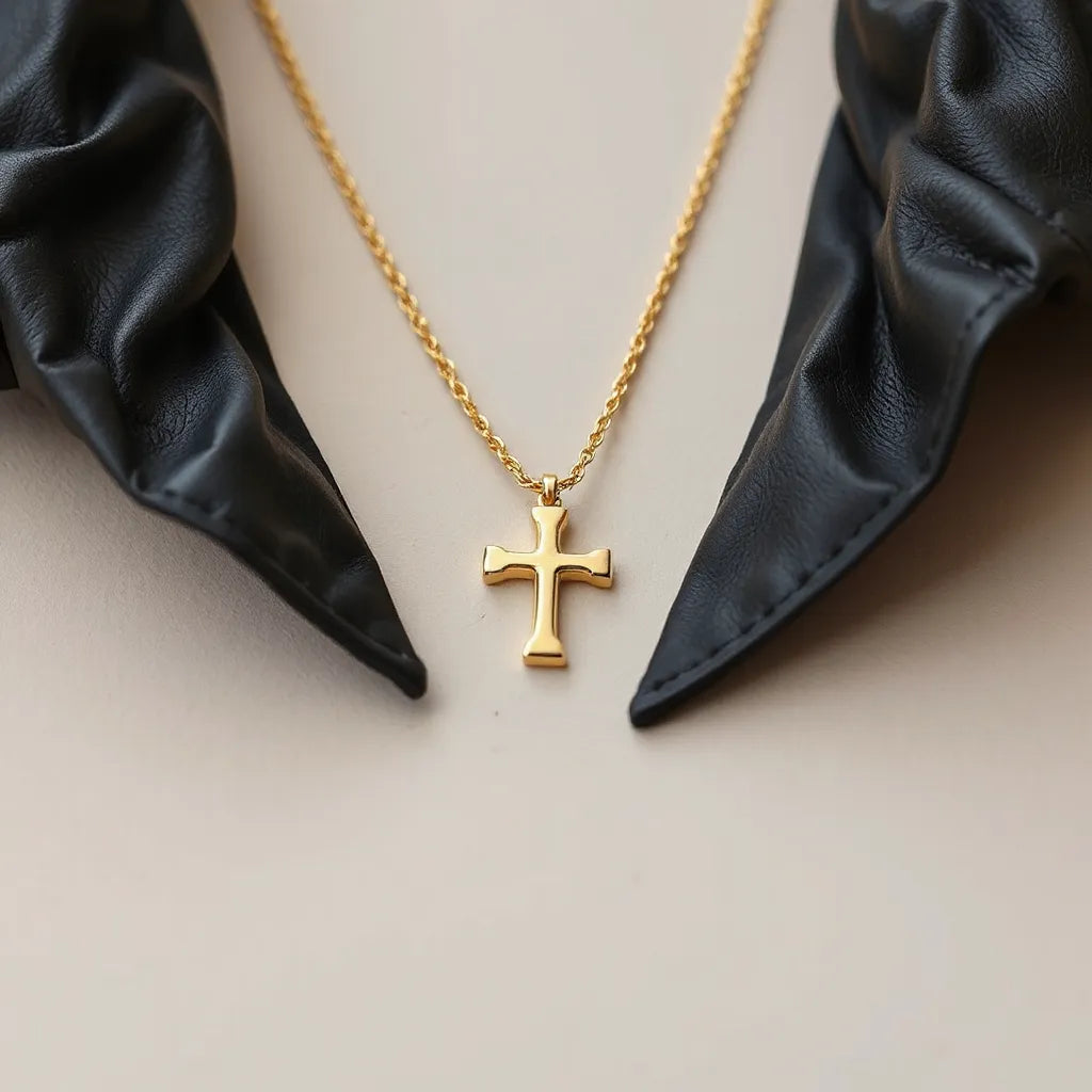 Gold cross pendant necklace for men displayed on a leather jacket collar with a clean, neutral background.
