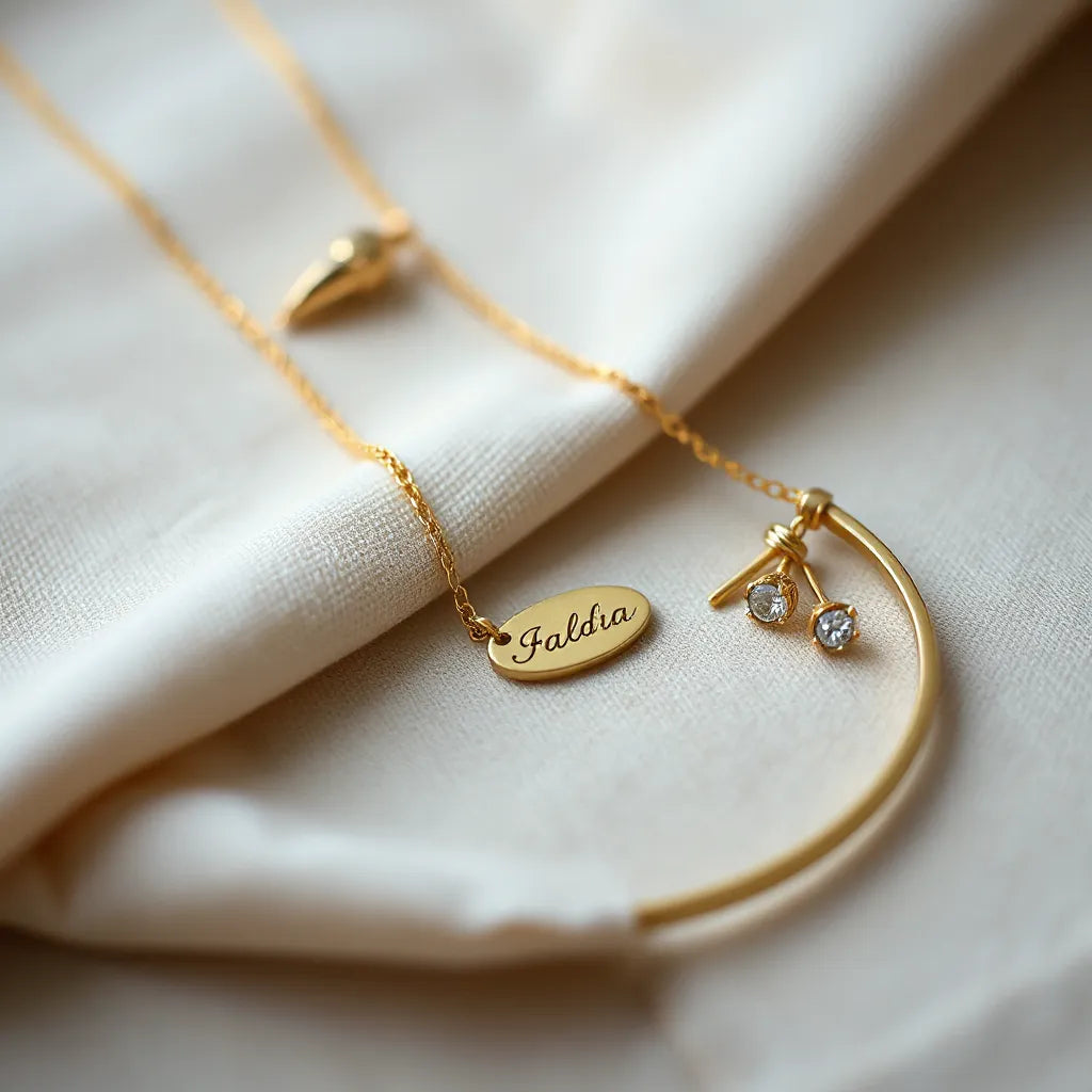 Assorted delicate personalized jewelry pieces with engraved name tag and birthstone charm on neutral fabric