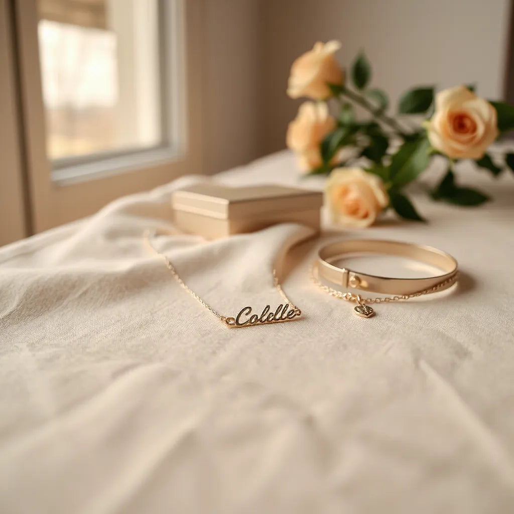 Delicate name pendant necklace with fine chain on soft fabric, with minimal jewelry box nearby