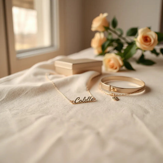 Delicate name pendant necklace with fine chain on soft fabric, with minimal jewelry box nearby