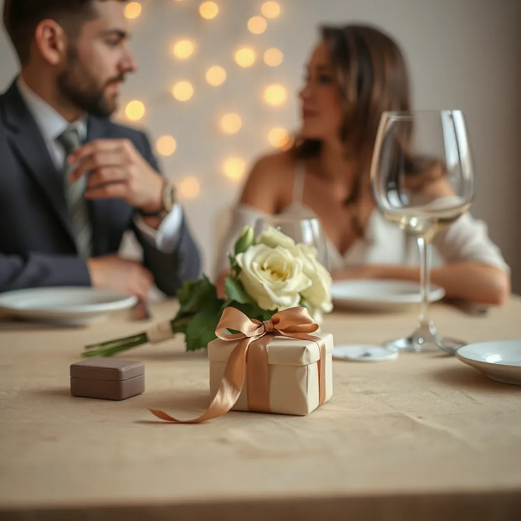 Elegant gift and jewelry box on a table with a couple in soft background light