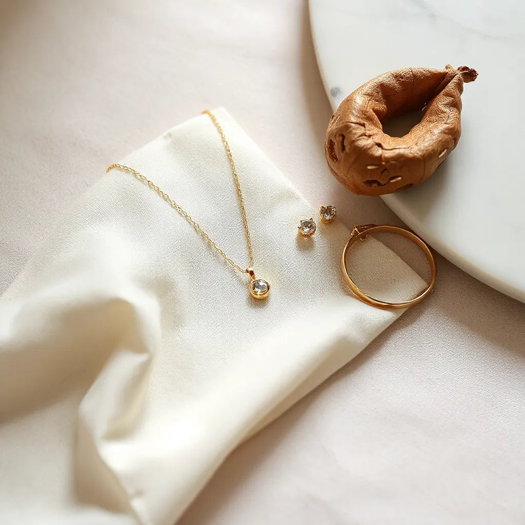 Delicate gold pendant necklace with stud earrings and bracelet on neutral fabric.