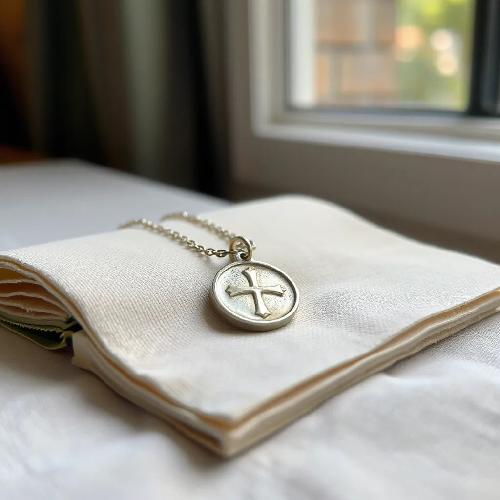Silver St Benedict medal necklace with fine chain laid on light fabric under soft natural light