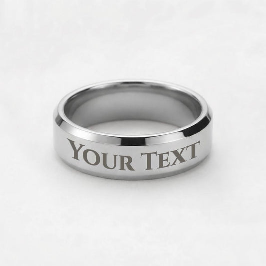 Engraved stainless steel ring with custom text in gold finish