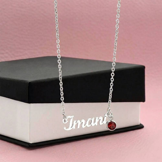 Name necklace with sapphire birthstone in gold finish, personalized jewelry from HussainTraders