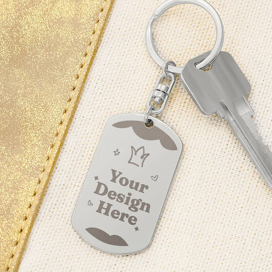 Engraved dog tag keychain in stainless steel, personalized with a name and message