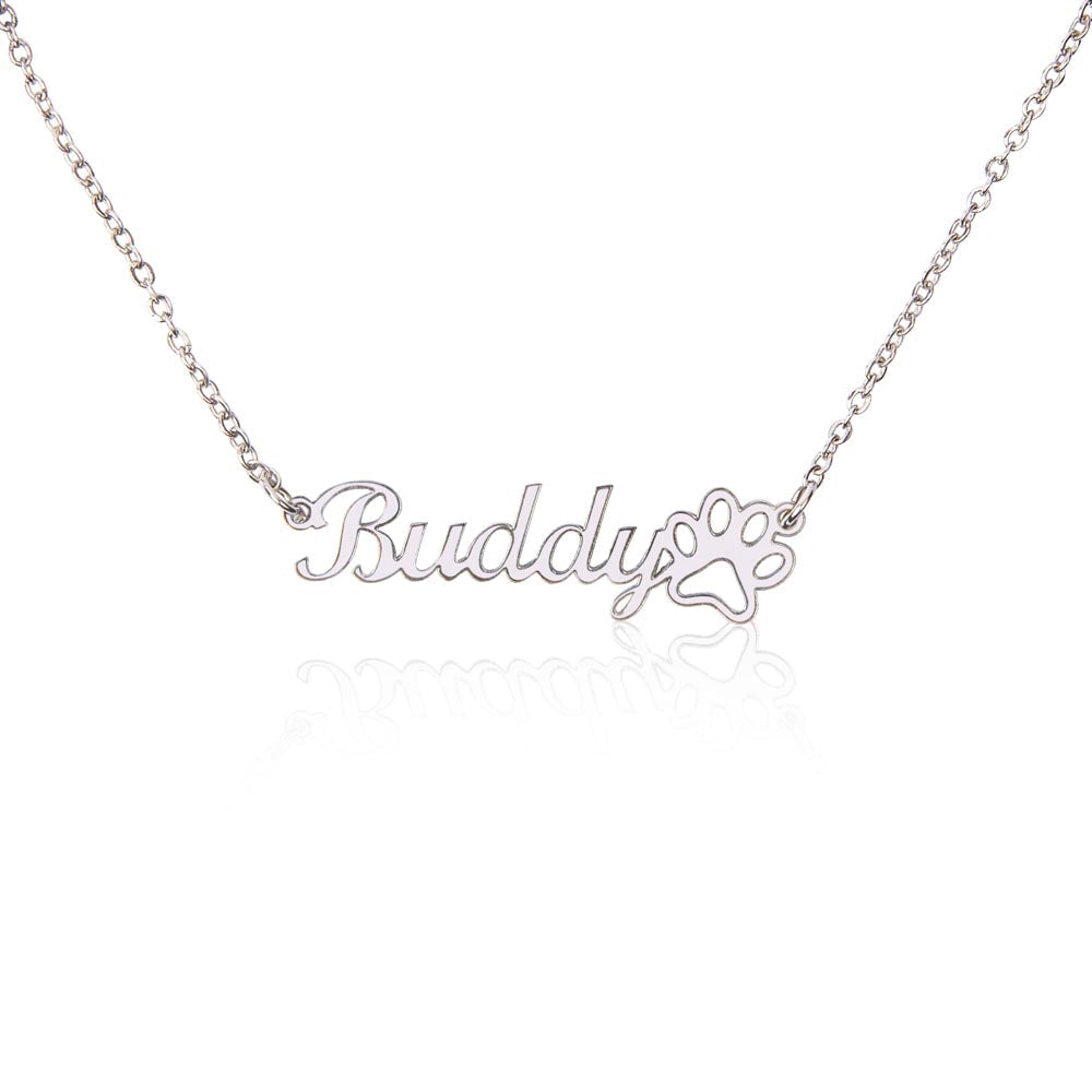 Paw Print Name Necklace in polished silver and gold, personalized jewelry for pet parents by HussainTraders