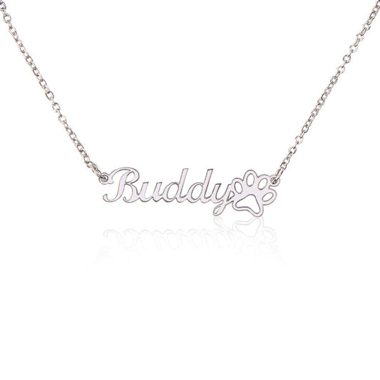 Paw Print Name Necklace in polished silver and gold, personalized jewelry for pet parents by HussainTraders