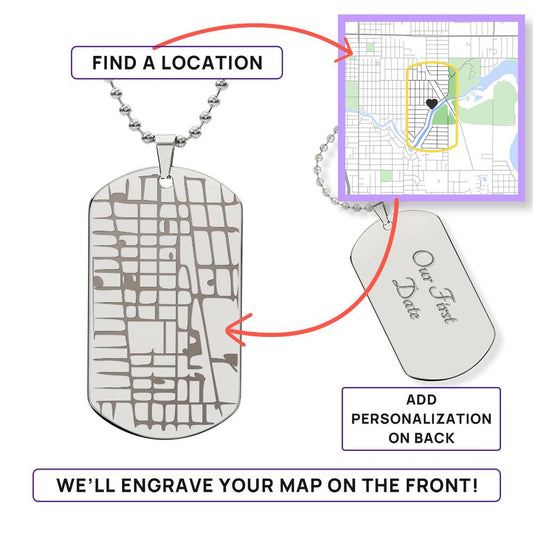Engraved Coordinates Dog Tag necklace in polished stainless steel showing GPS coordinates engraved on the pendant