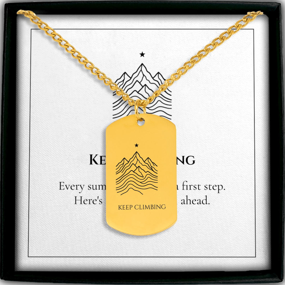 Mountain Ridge Cuban chain dog tag necklace in stainless steel, a durable personalized jewelry pick for showering, swimming, and sleeping in