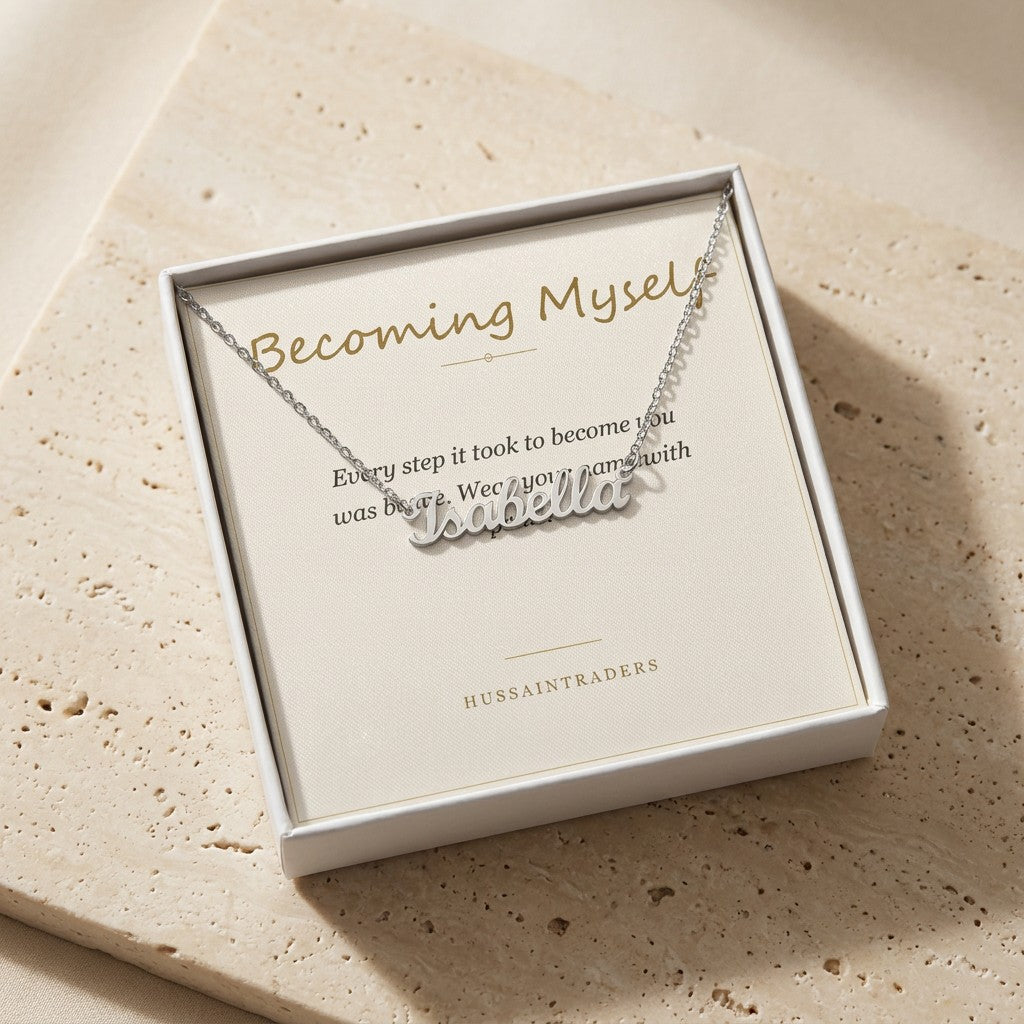 Chosen name necklace in script lettering, an example of subtle pride jewelry