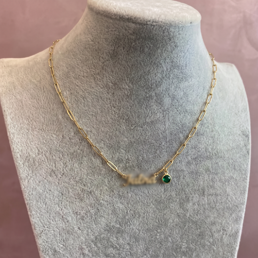 Arabic Birthstone Name Necklace with personalized names in Arabic calligraphy and birthstone crystals on a gold chain