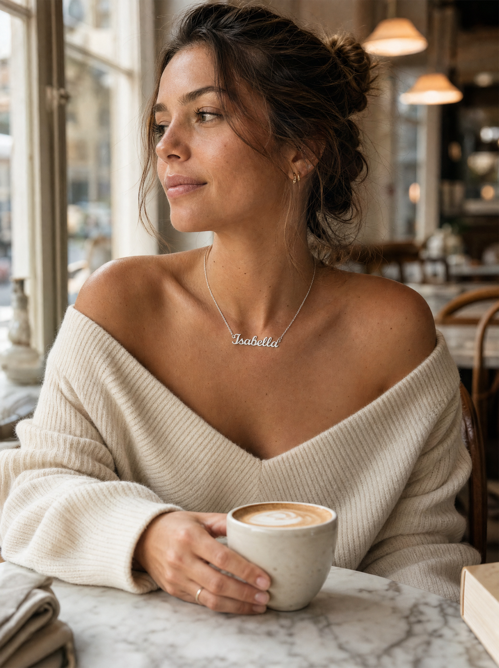Personalized name necklace styled, everyday lifestyle