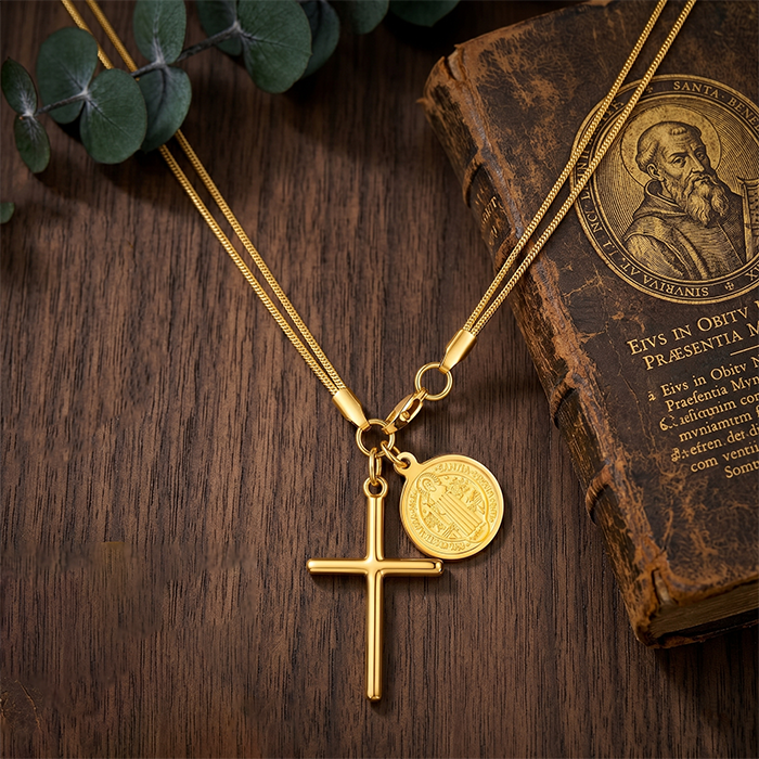 St Benedict protection necklace worn as a faith gift