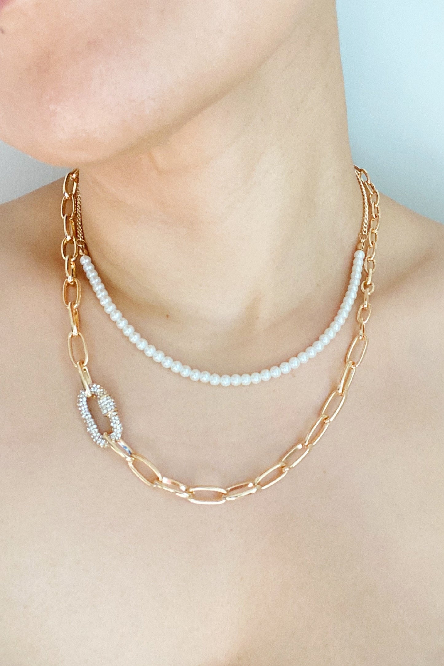 Duo Pearl & Chain Layered Necklace Set
