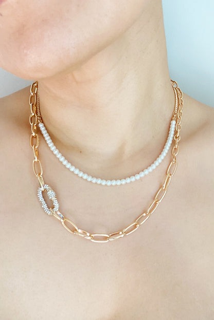 Duo Pearl & Chain Layered Necklace Set