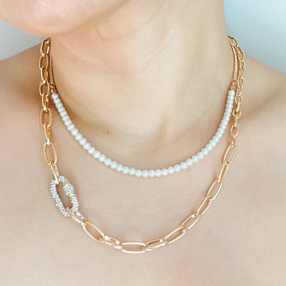 Duo Pearl & Chain Layered Necklace Set