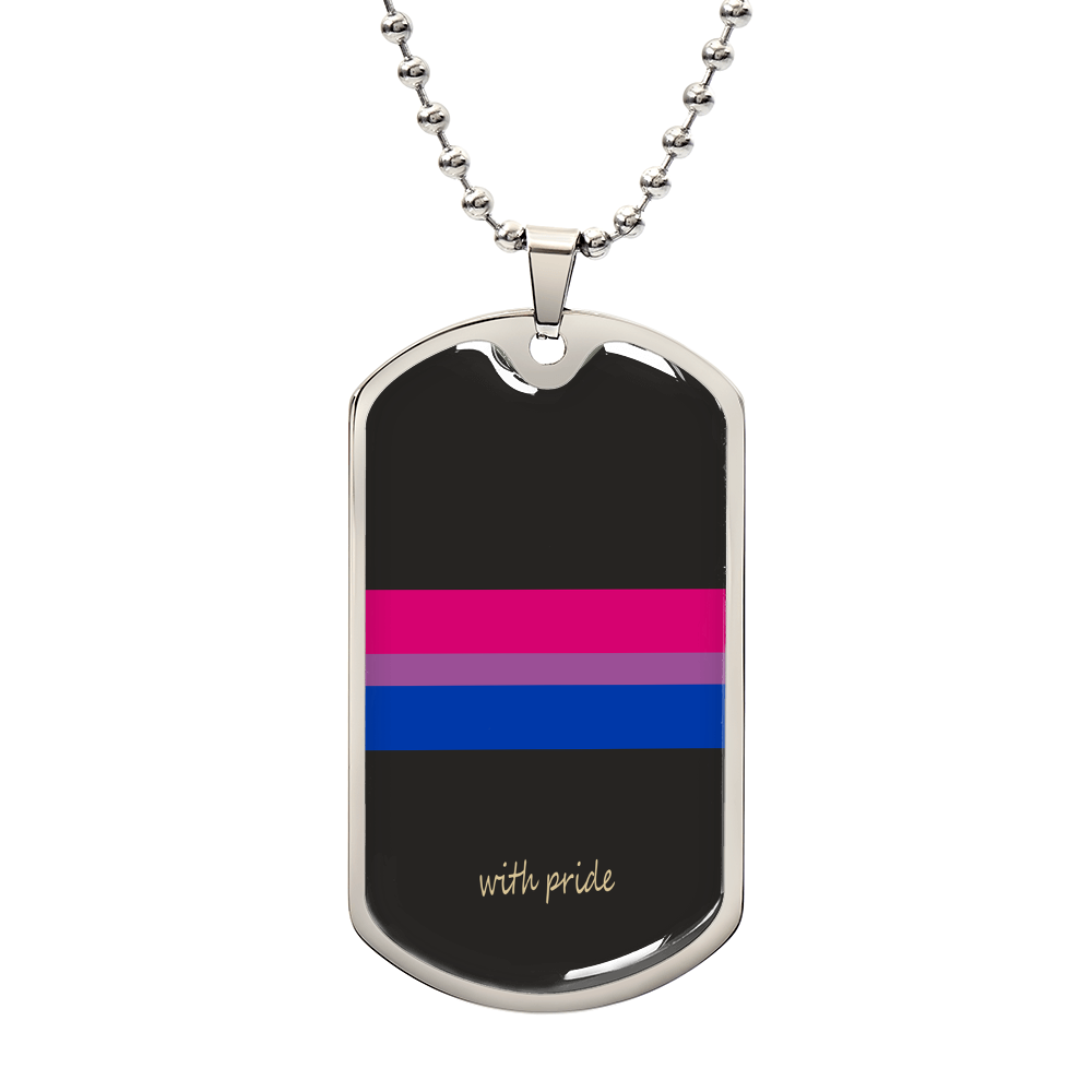 Subtle Bi Pride Dog Tag in polished silver and 18k gold finish on white background, personalized jewelry by HussainTraders