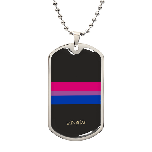 Subtle Bi Pride Dog Tag in polished silver and 18k gold finish on white background, personalized jewelry by HussainTraders