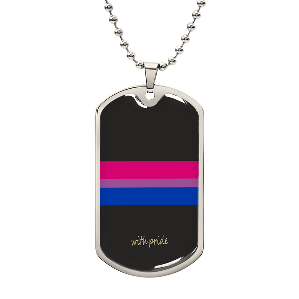 Subtle Bi Pride Dog Tag in polished silver and 18k gold finish on white background, personalized jewelry by HussainTraders