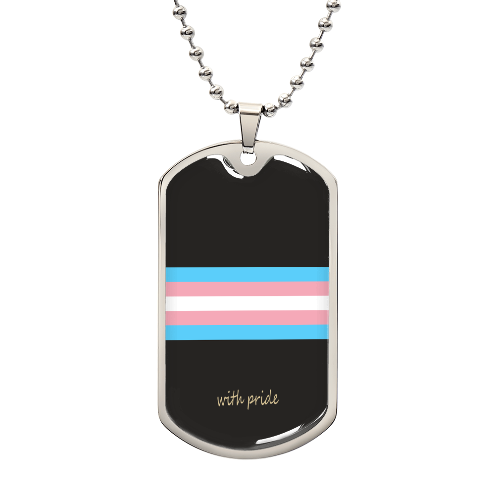 Subtle Trans Pride Dog Tag in polished silver and 18k gold finish on white background, personalized jewelry by HussainTraders