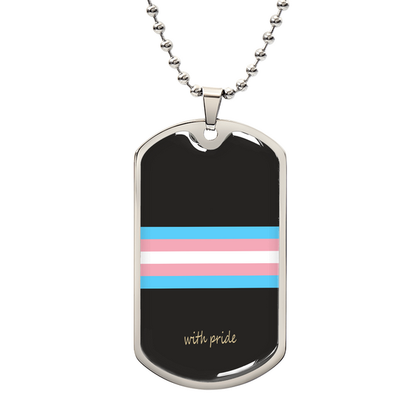 Subtle Trans Pride Dog Tag in polished silver and 18k gold finish on white background, personalized jewelry by HussainTraders