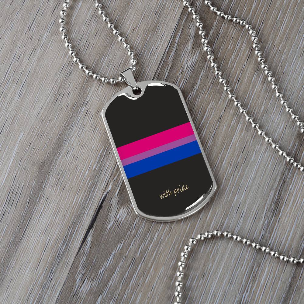 Bi pride stripe dog tag on grey wood | Subtle Bi Pride Dog Tag