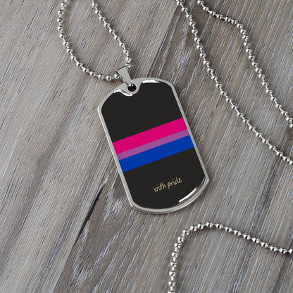 Bi pride stripe dog tag on grey wood | Subtle Bi Pride Dog Tag