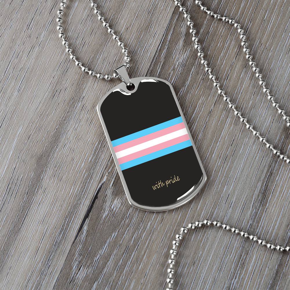 Trans pride stripe dog tag on grey wood | Subtle Trans Pride Dog Tag