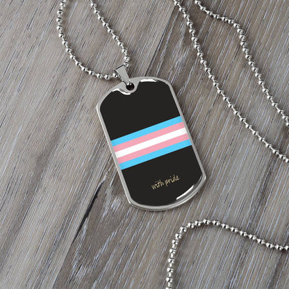 Trans pride stripe dog tag on grey wood | Subtle Trans Pride Dog Tag
