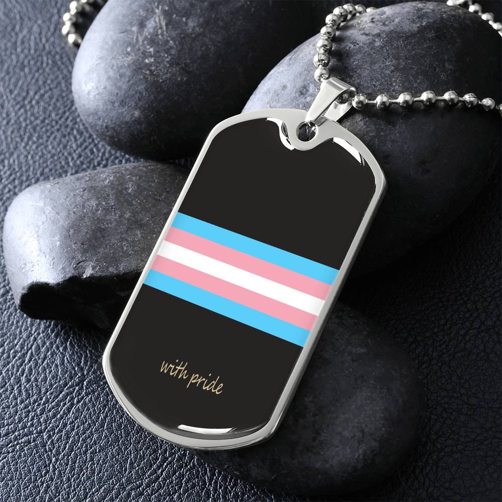 Trans pride stripe dog tag on dark stones | Subtle Trans Pride Dog Tag