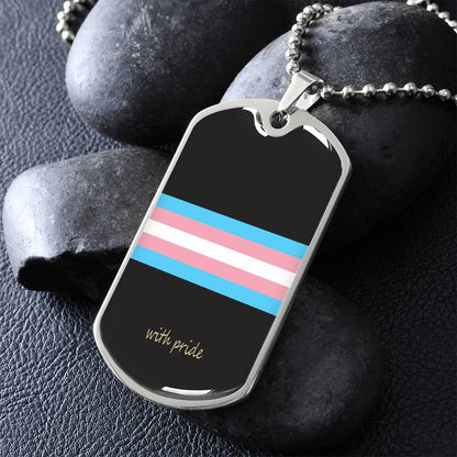 Trans pride stripe dog tag on dark stones | Subtle Trans Pride Dog Tag