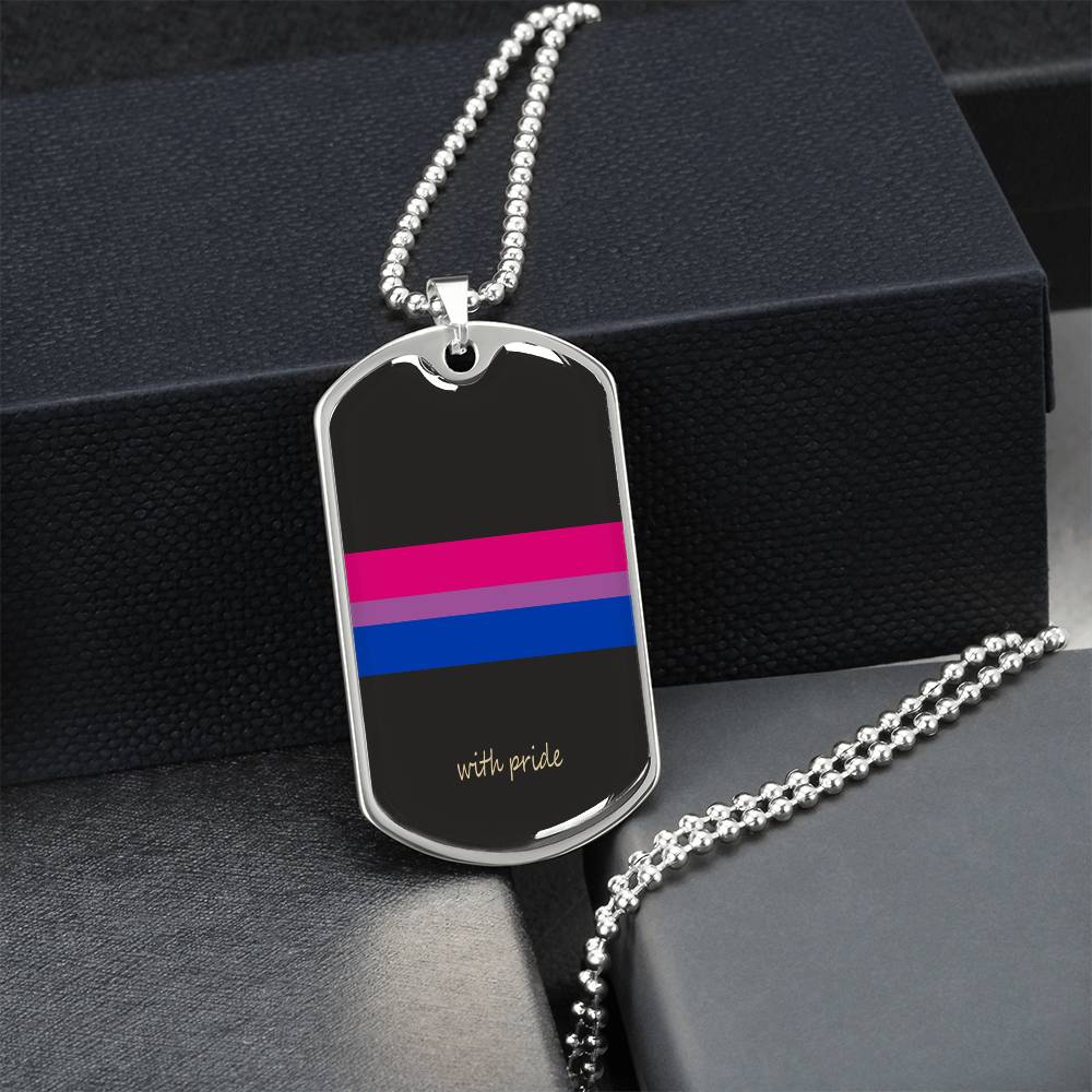 Bi pride stripe dog tag on a black gift box, angled | Subtle Bi Pride Dog Tag