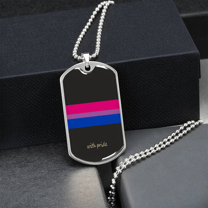 Bi pride stripe dog tag on a black gift box, angled | Subtle Bi Pride Dog Tag