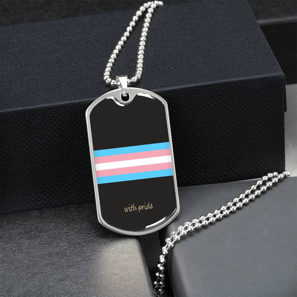 Trans pride stripe dog tag on a black gift box, angled | Subtle Trans Pride Dog Tag