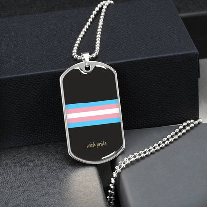Trans pride stripe dog tag on a black gift box, angled | Subtle Trans Pride Dog Tag