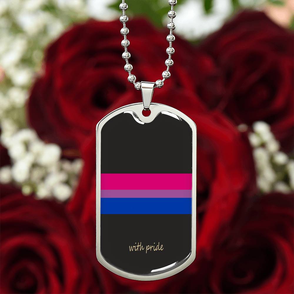 Bi pride stripe dog tag on red roses | Subtle Bi Pride Dog Tag