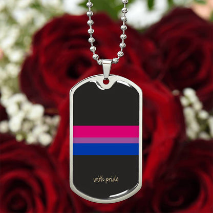 Bi pride stripe dog tag on red roses | Subtle Bi Pride Dog Tag
