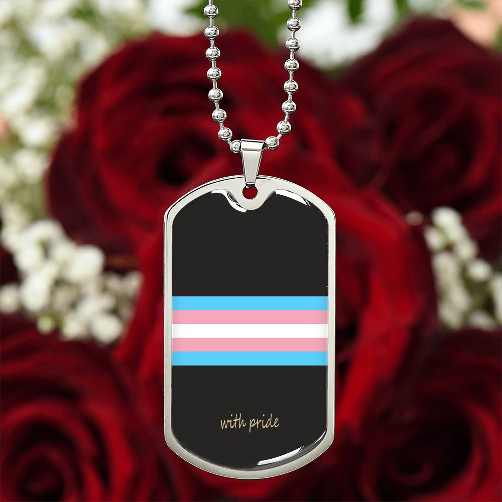 Trans pride stripe dog tag on red roses | Subtle Trans Pride Dog Tag