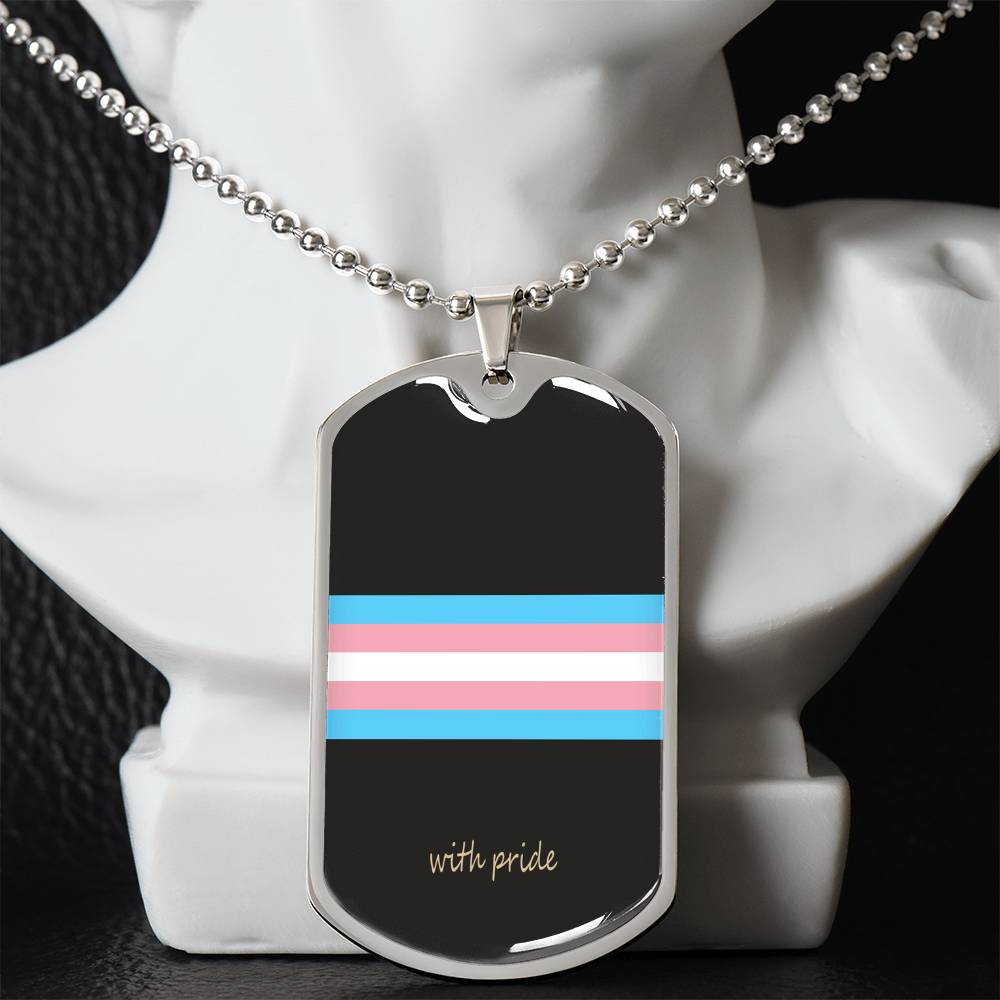 Trans pride stripe dog tag on a white bust | Subtle Trans Pride Dog Tag